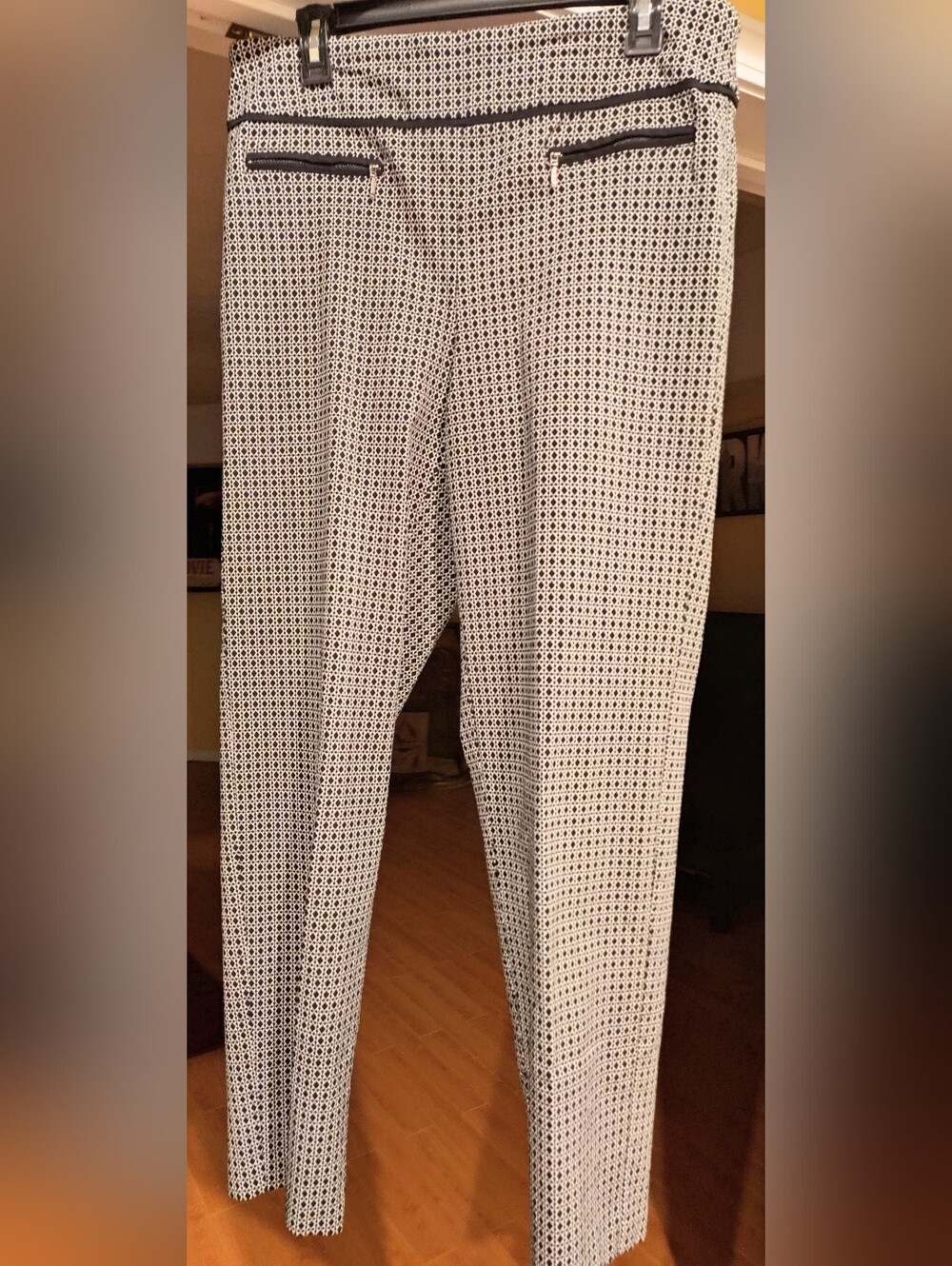 Women's Black and White Patterned Stretch Dress Pull On Pants